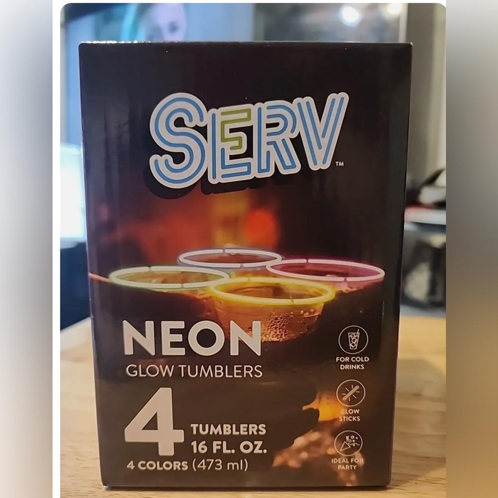 NEW 3 Boxes of Serv 4-Pack Neon Glow 16oz Tumblers (Total of 12)